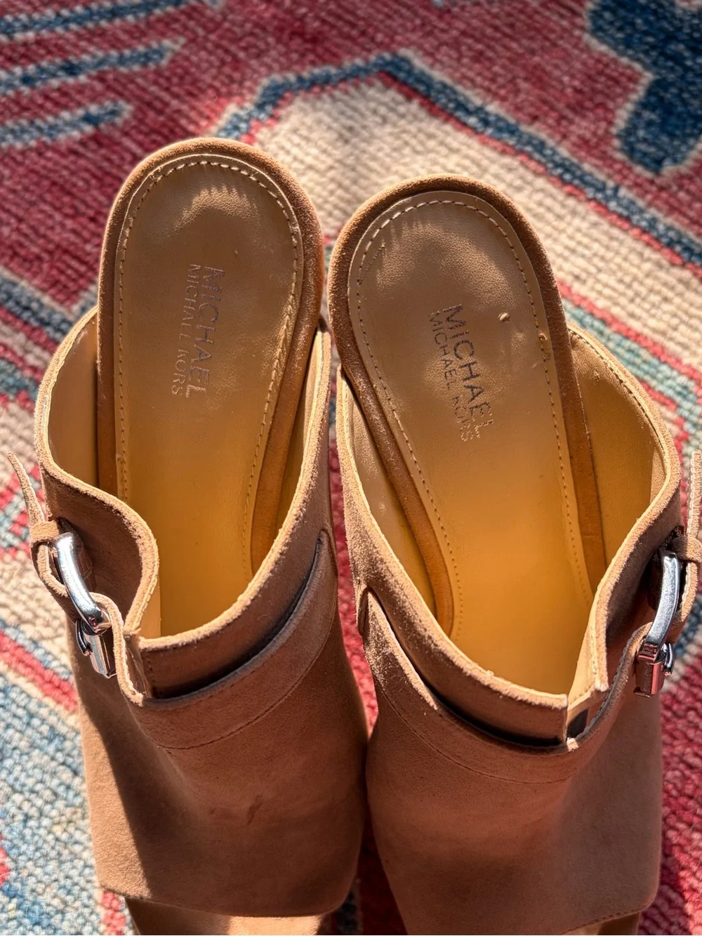 Michael Kors Tan Suede Open-Toe Buckle Mule Heels